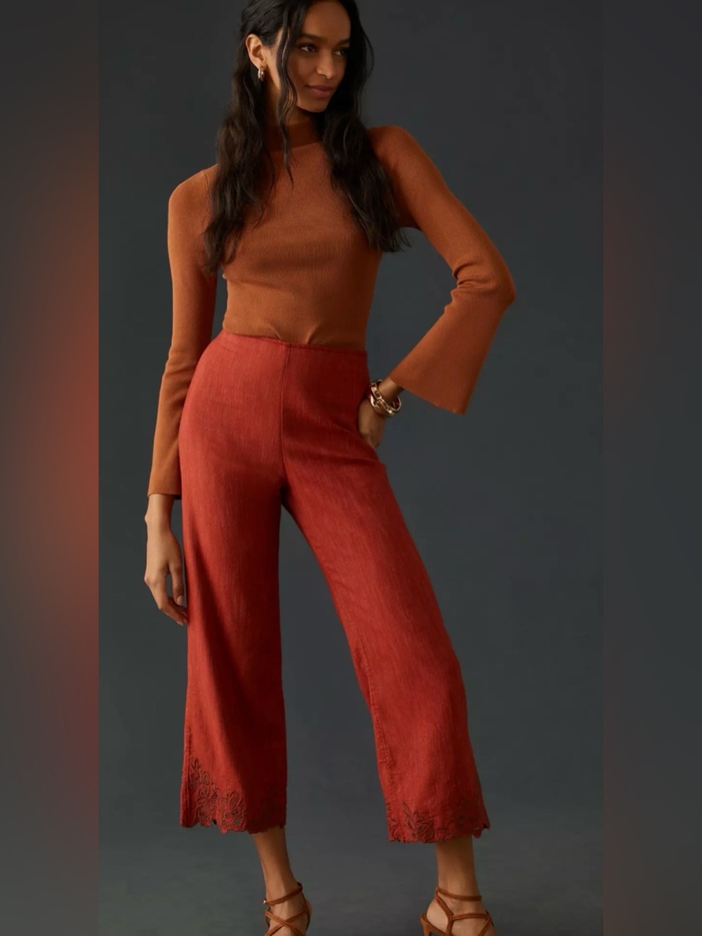 By Anthropologie Embroidered Pants Wide-Leg in Deep Rust size 8